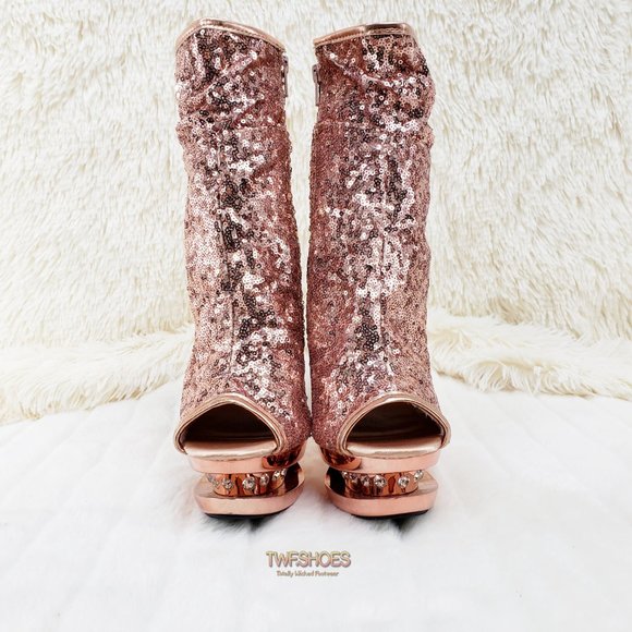 Blondie 1008 Rose Gold Sequin Slouch Shaft Platform Ankle Boots - Picture 10 of 14